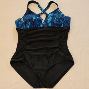 Blue and Black One-Piece Swimsuit XXL Cross Back Ruched Sides NWOT